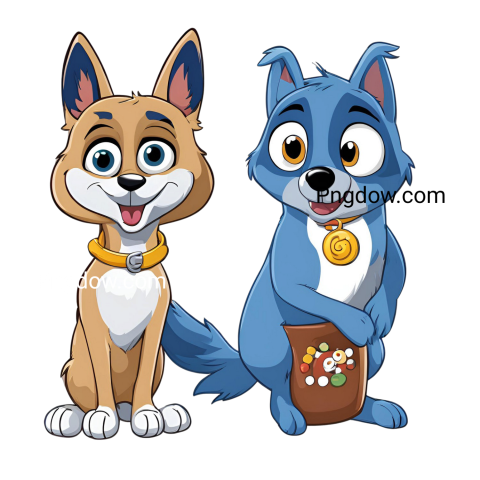 A cartoon dog and cat holding a bag of coins, Png images