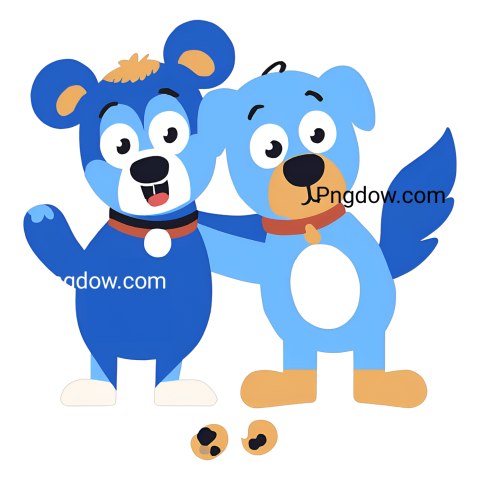 Two blue dogs, Bluey and Bingo, embracing each other in a heartwarming hug