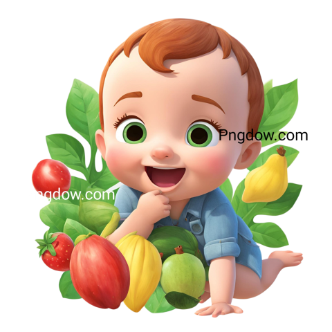 A baby boy surrounded by colorful fruits and vegetables in a cocomelon png image