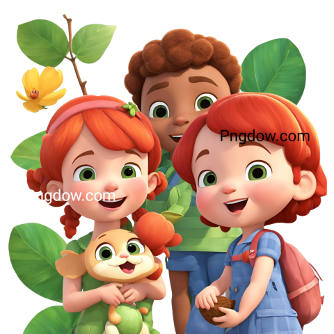 Three children standing in front of a tree with leaves in a cocomelon png