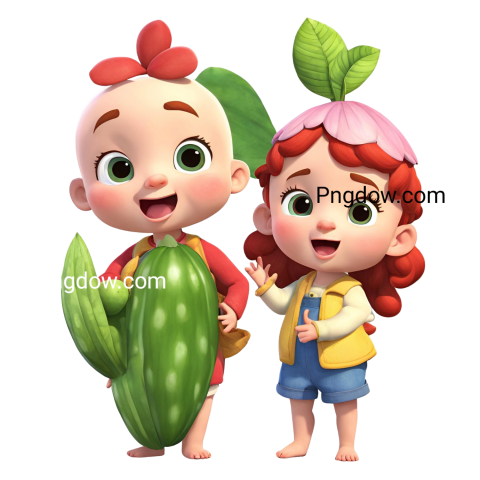 Two children holding cucumbers and a green plant in a cocomelon png image