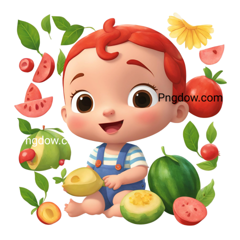 A red haired little girl sitting in front of a variety of fruit, in a cocomelon png image