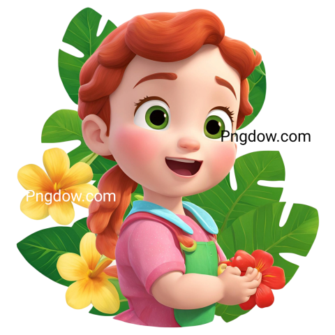 A cartoon girl holding flowers and leaves, cocomelon png