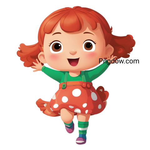 A cartoon girl with red hair and green polka dot dress from Cocomelon