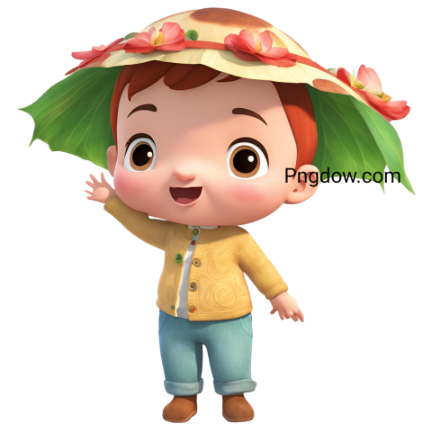 A cartoon boy wearing a flowered hat