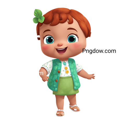 A cartoon baby girl in green clothes and a green vest, from Cocomelon