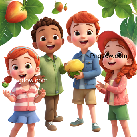 Three children standing in front of a strawberry tree in a cocomelon png image