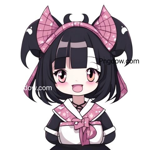 A kuromi png of an anime girl with black hair and a pink bow