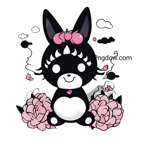 Kuromi png featuring a black and white bunny with pink flowers