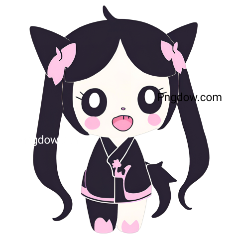 A cute cartoon character with black hair and pink eyes, in a kuromi png image