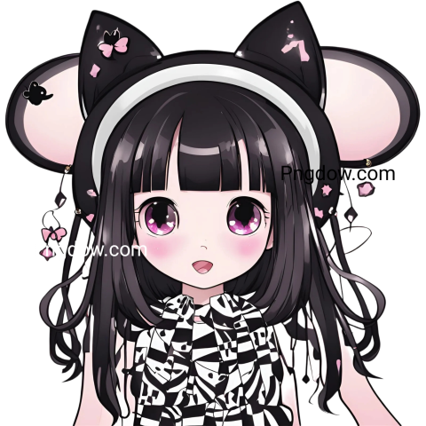 A kuromi png featuring an anime girl in a black and white dress with a cat headband