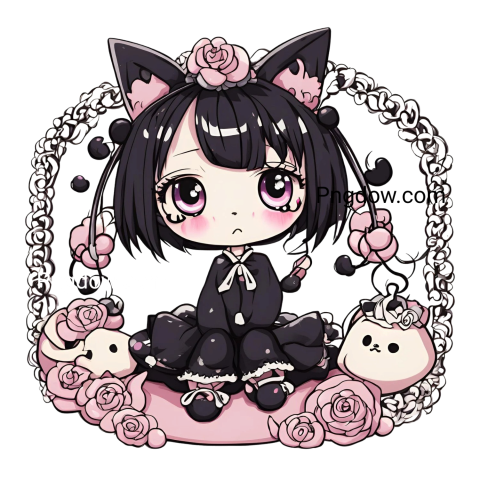A kuromi png of a cute anime girl with black hair and pink eyes