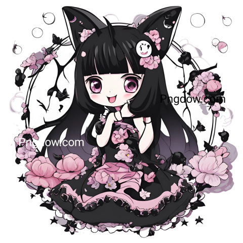 A kuromi png of an anime girl with black hair and pink flowers
