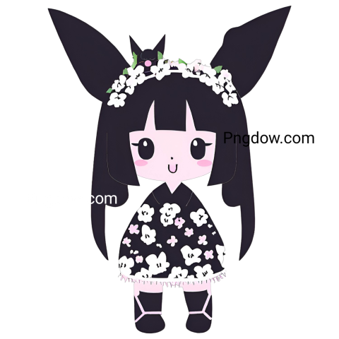 A cartoon girl with black hair wearing a flower dress  Kuromi PNG