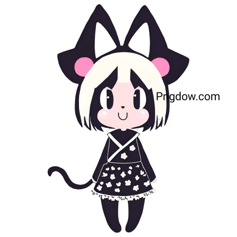 A Kuromi PNG of a cartoon cat in a black and white dress