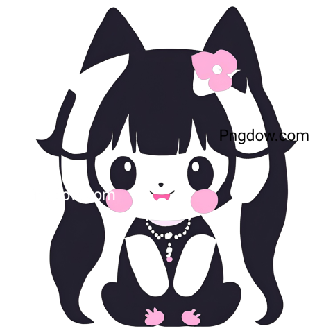 A Kuromi PNG of a black cat with pink hair and a flower on her head