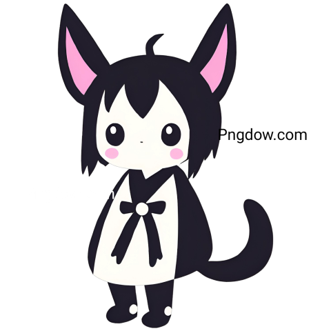A Kuromi PNG featuring a cartoon cat with pink ears and a black and white dress