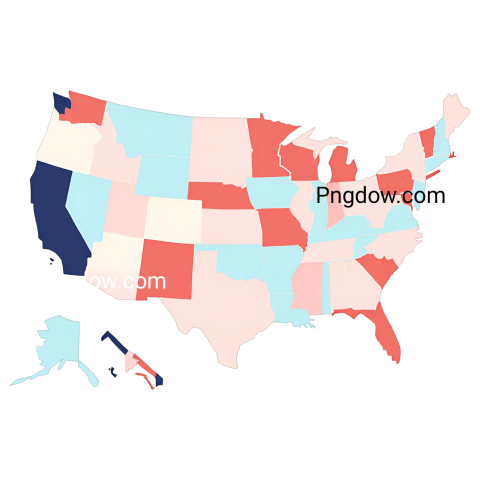 Colorful map of the United States with red, blue, and pink regions highlighted