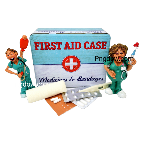 A box of first aid supplies accompanied by two figurines, one resembling a nurse, showcasing essential medical items