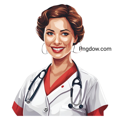 Cartoon female doctor with a stethoscope, smiling confidently, representing healthcare and compassion in a vibrant design