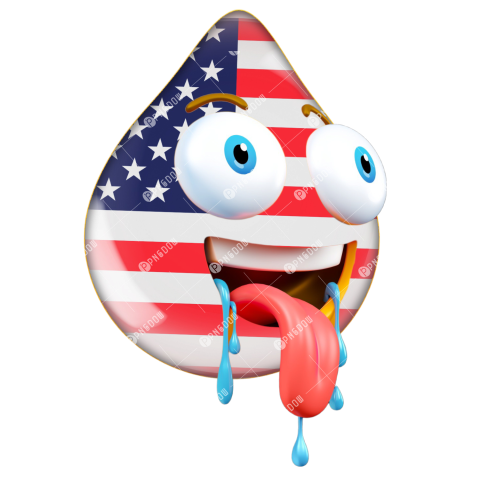 A cheerful cartoon drop playfully sticking out its tongue, with an American flag emoji enhancing the image