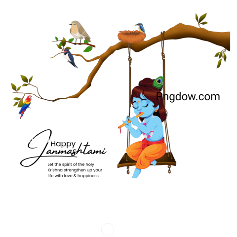 cartoon depicting a young boy perched on a tree branch, surrounded by colorful birds, celebrating Krishna Janmashtami