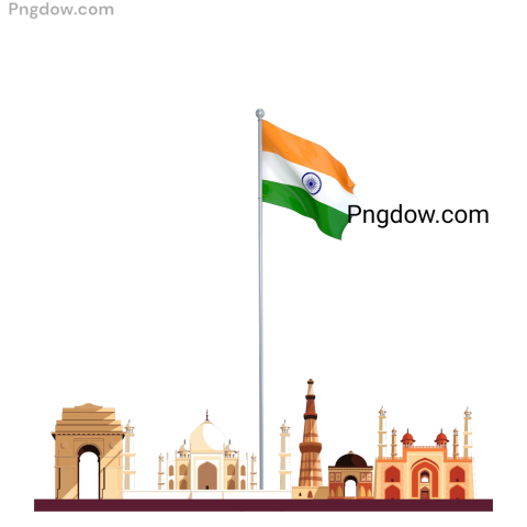 Indian flag displayed prominently with iconic buildings and monuments in the background, symbolizing national pride