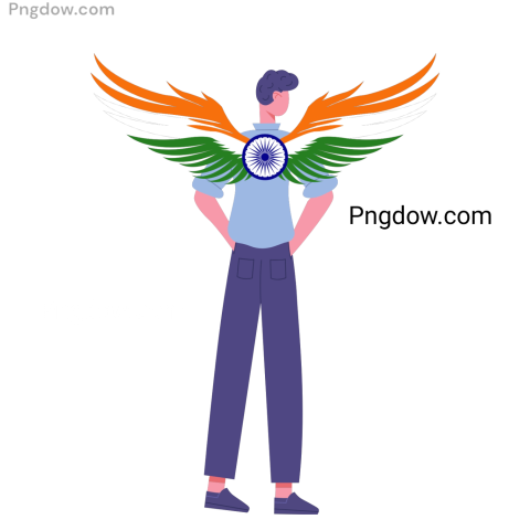 A man with wings on his back proudly holds the Indian flag, symbolizing freedom and national pride