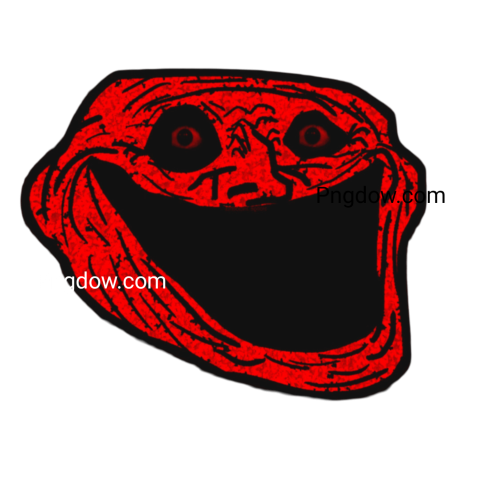 A troll face with red eyes set against a stark png background, emphasizing its mischievous expression