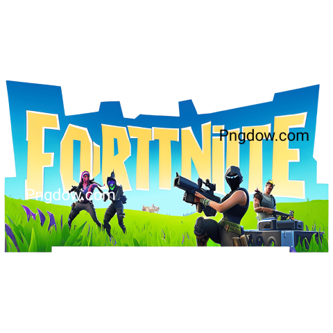 Fortnite logo prominently displayed with two figures in the background, showcasing a vibrant gaming atmosphere