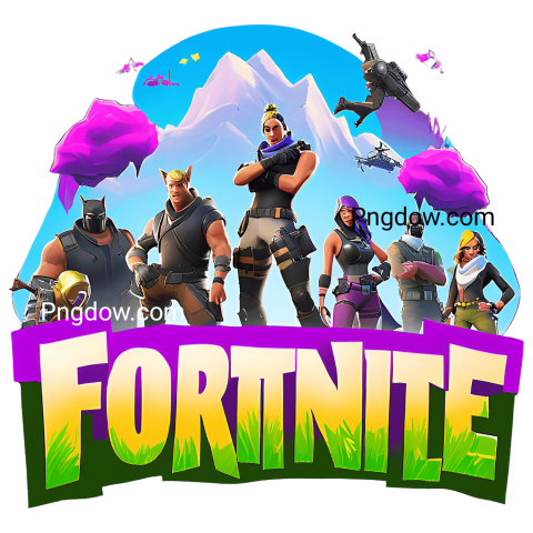 Fortnite logo displayed with a group of individuals standing before a majestic mountain backdrop