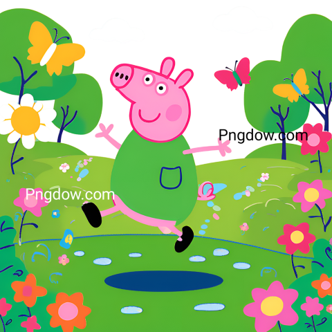 Peppa Pig joyfully runs through green grass, surrounded by colorful butterflies and blooming flowers