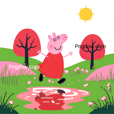 Peppa Pig joyfully jumping into the water, showcasing her playful spirit in a transparent design