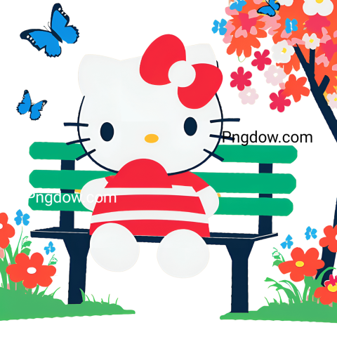 Hello Kitty sitting on a bench surrounded by colorful flowers and butterflies in a cheerful scene