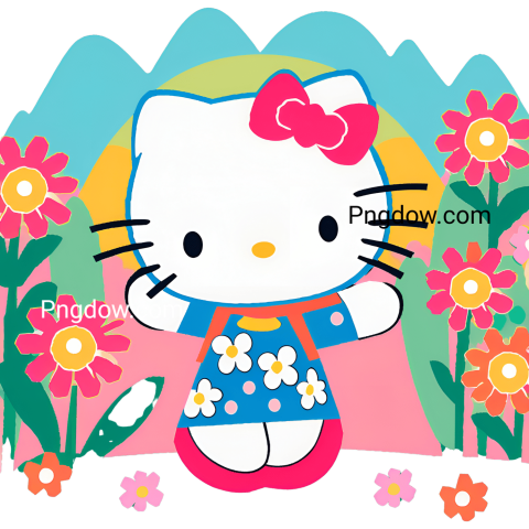 Hello Kitty surrounded by colorful flowers in a vibrant garden setting, perfect for a cheerful design project