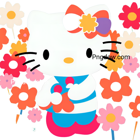 Hello Kitty surrounded by colorful flowers in a vibrant field, perfect for a cheerful design or free SVG download