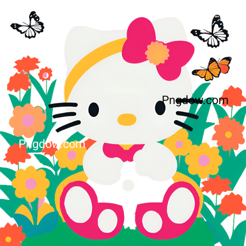 Hello Kitty svg enjoying a vibrant garden, surrounded by colorful flowers and greenery, perfect for a cheerful design