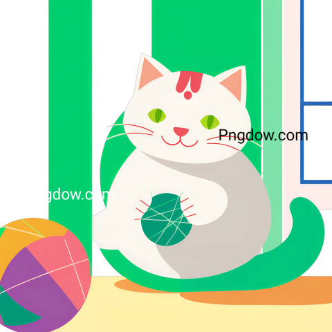 A white cat perched on a chair, playfully surrounded by a colorful ball of yarn, ideal for a cat SVG free download