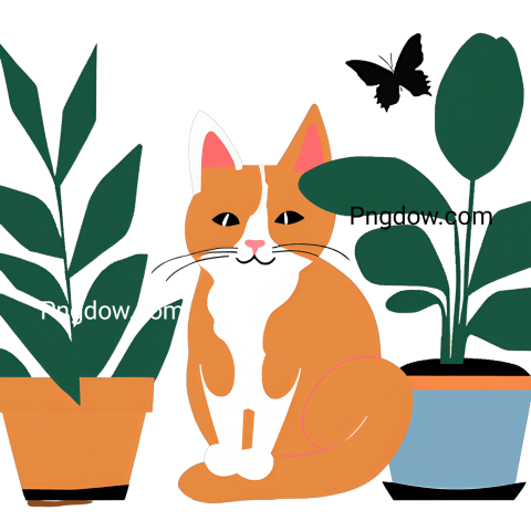 An orange and white cat sits beside two potted plants, showcasing a serene indoor setting with greenery