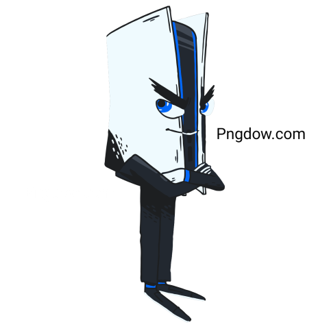 Cartoon character carrying a white box on his back, styled in a playful manner, with a PS5 logo visible