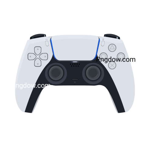 A white PS5 controller featuring blue and black buttons, displayed in a PNG forma