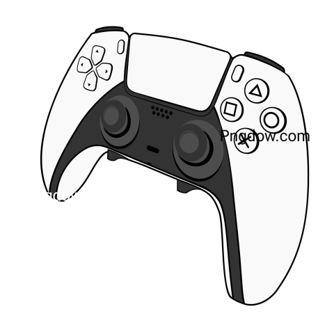 A black and white image of a PS5 video game controller, showcasing its sleek design and modern features