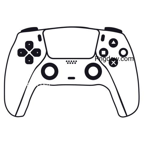 A black and white illustration of a video game controller, featuring a design reminiscent of a PS5 controller