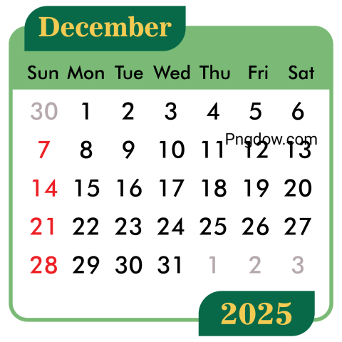 December calendar 2025 png