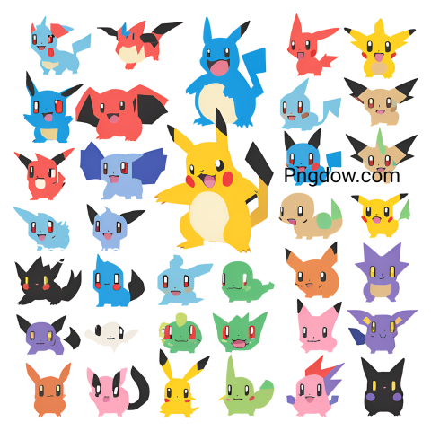 A vibrant array of Pokémon characters displayed in various colors, showcasing their unique designs in SVG and PNG formats