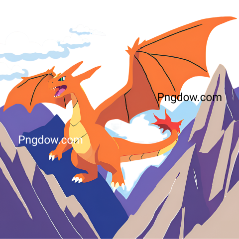 cartoon dragon soaring above a mountain, illustrated in a vibrant Pokémon style, perfect for SVG or PNG formats