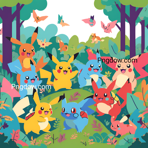 vibrant illustration of Pikachu and friends exploring a lush forest, showcasing their playful camaraderie in a colorful setting