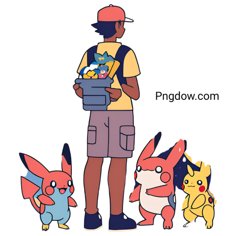 Pokémon trainer stands proudly with his Pokémon, showcasing their bond in a vibrant SVG PNG illustration