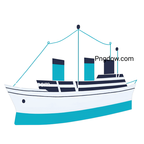 A cartoon ship with blue sails on a transparent background