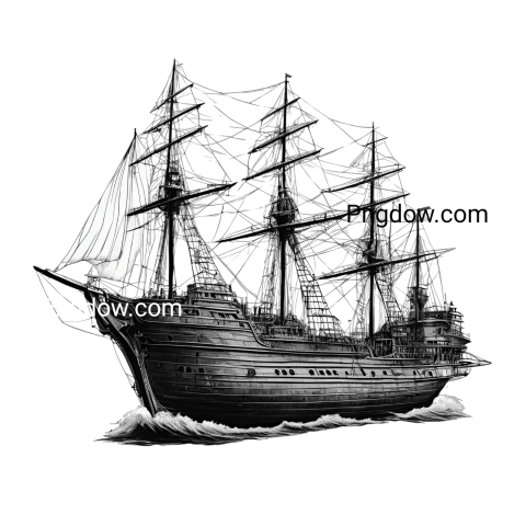 Monochrome ship sailing on the ocean waves in a detailed illustration